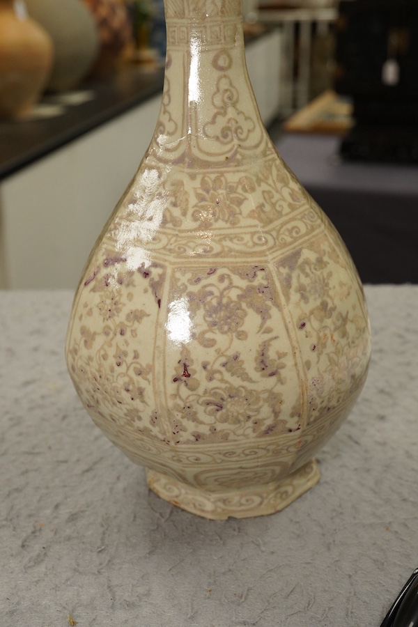 A Chinese underglaze copper red octagonal bottle vase, yuhuchunping, possibly Yuan or Hongwu period, Ming dynasty